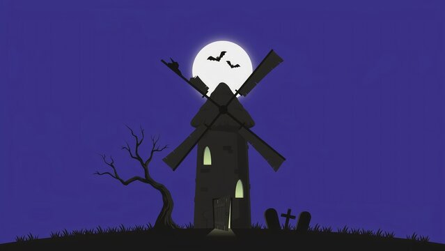 Spooky halloween windmill scene with bats and tombstones