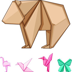 Fototapeta premium Collection of stylized paper origami animals creatively folded, featuring a brown bear, pink birds, and green butterfly, symbolizing craft, hobby, and artistic expression