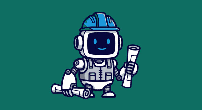 Cheerful Cartoon Robot Holding Rolled Scroll with Blue Helmet.