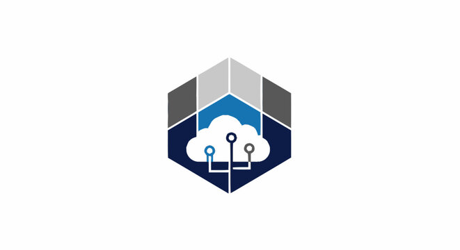 Cloud computing technology logo design with circuit connections inside a hexagon shape.