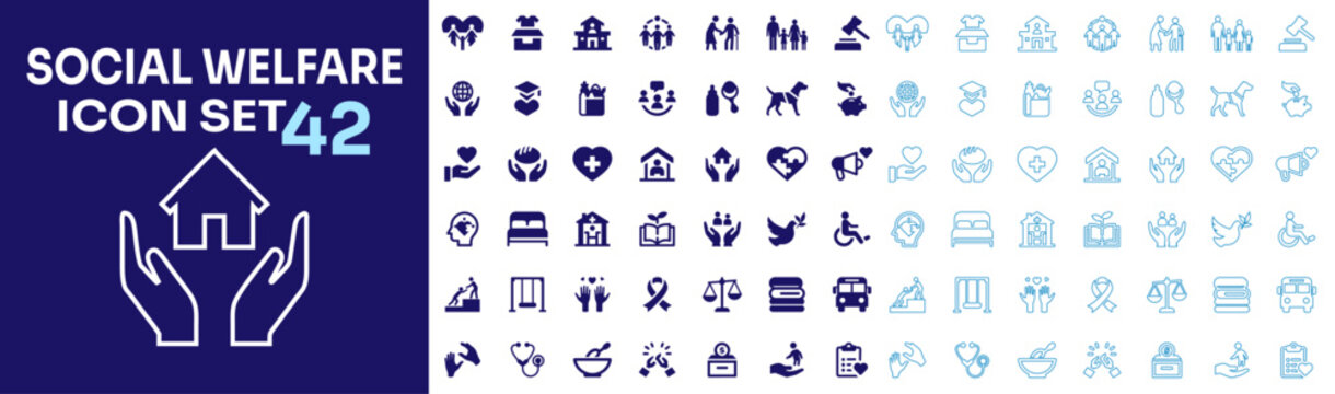 Social welfare icon set representing community support family care health services and social responsibility in solid and outline styles.
