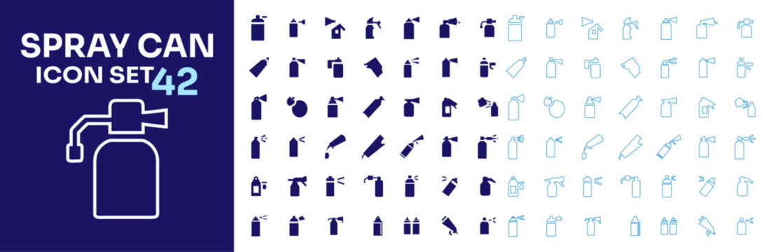 Spray can icon set displaying various aerosol cans with different spray patterns and caps for graffiti art design and product representation.