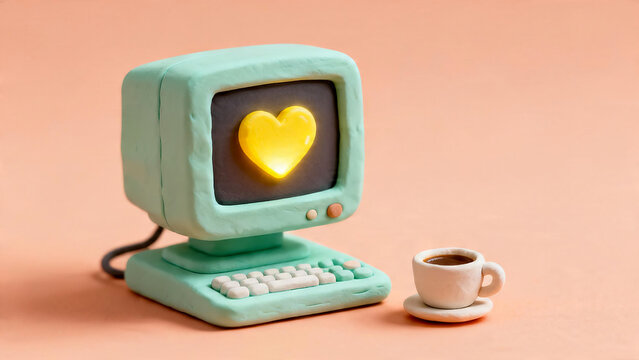 Cute 3D claymation style mint green retro computer