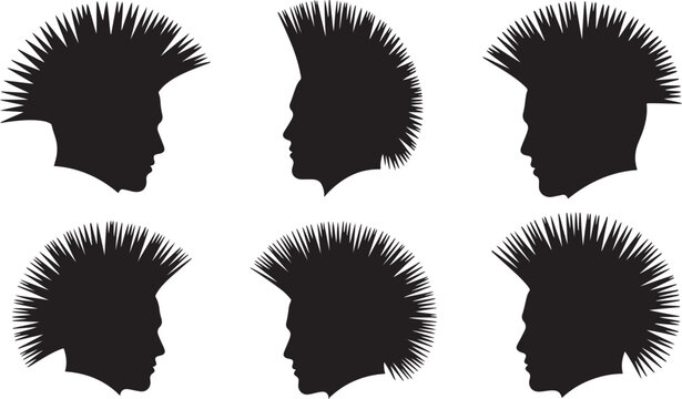 Six black punk mohawk hairstyle silhouettes, side profiles, edgy, alternative, fashion.