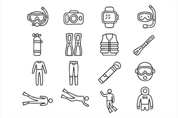 Snorkeling and Diving Line Icons Featuring Mask, Fins, Tank and Wetsuit Symbols © Icon Nest