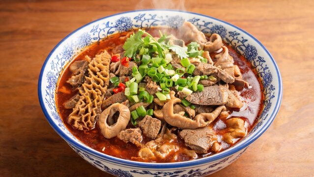 Spicy Red Broth Mixed Beef Offal Bowl, Braised Beef Tripe, Intestines and Beef Slices in Blue and White Floral Porcelain Bowl Topped with Green Onion, Cilantro and Fresh Chili Chinese Regional Spicy F