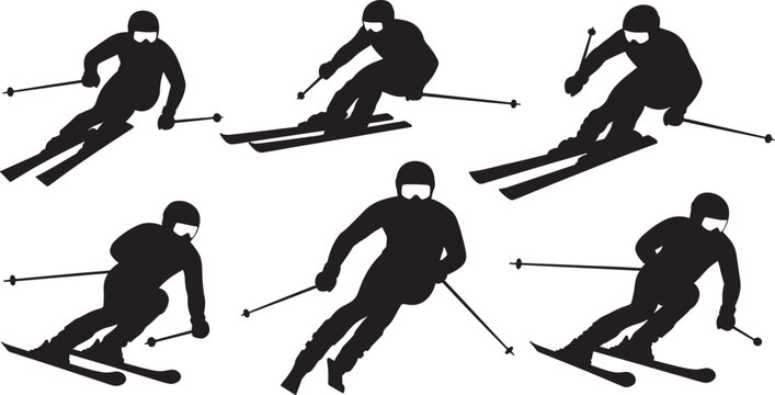 Skier athlete silhouette vector graphics capturing downhill skiing motion and winter sports action equipment.