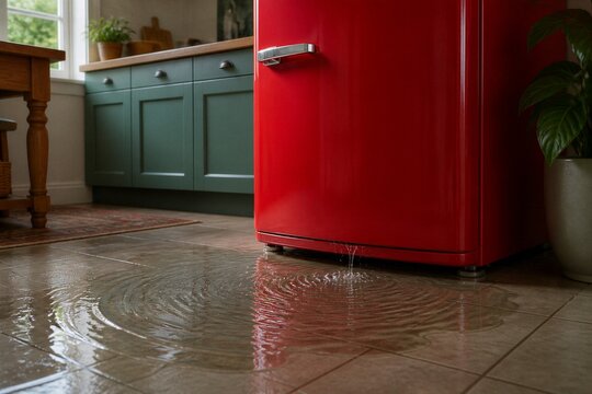 Red fridge leaks water on tiled floor. Dripping water spreads in slow, circular ripples. Kitchen cabinets and wooden table in soft focus. Plant in ceramic pot stands beside appliance