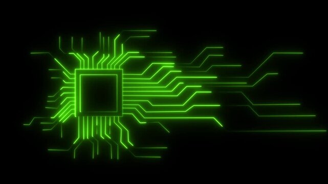 Neon Circuit Board Technology Background Animation. Artificial Intelligence Chip with Glowing Circuit Lines concept. 4k video 