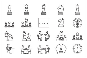 Fototapeta premium Chess Strategy Outline Icon Set for Board Game, Tournament and Education Design