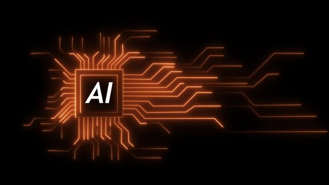 Glowing neon technology circuit board with ai text icon on black background and screen with green color. Neon line Circuit Board moving electrons Data Flow Loop Background Animation.