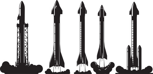 Space rocket launch silhouette collection with various shuttle designs including starship and booster stages. © Sheplob