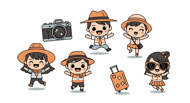 Children in Summer Vacation Attire with Accessories and Camera.