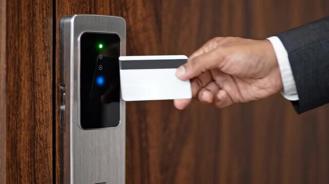 Contactless keycard access control system with electronic door lock for security smart card tapping entry modern hotel room technology close up