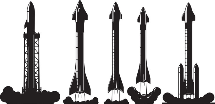 Space rocket launch silhouette collection with various shuttle designs including starship and booster stages.