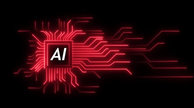 Glowing neon technology circuit board with ai text icon on black background and screen with green color. Neon line Circuit Board moving electrons Data Flow Loop Background Animation.