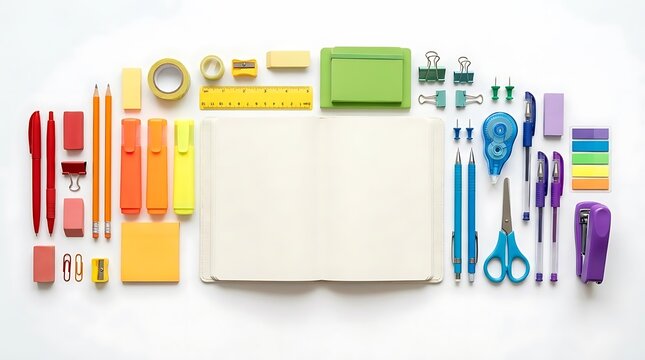Collection of colorful stationery items arranged around an open notebook