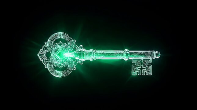 Glowing green metal skeleton key with intricate filigree patterns and ornate handle shape floating against dark void space.