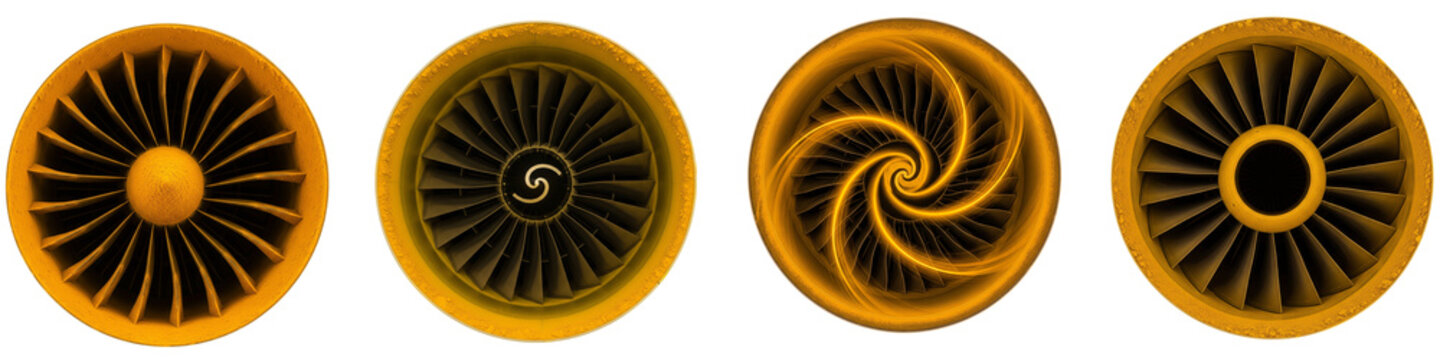Four circular jet engine turbine blades isolated on a black background