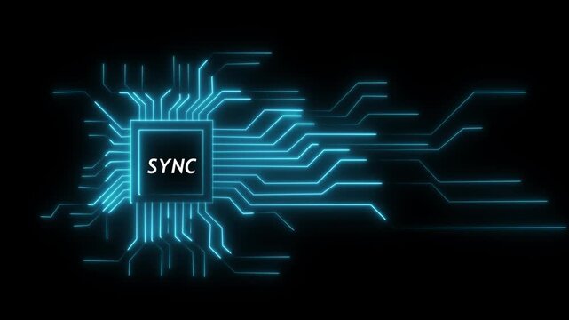 Glowing neon technology circuit board with sync text icon on black background and screen with green color. Neon line Circuit Board moving electrons Data Flow Loop Background Animation.