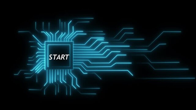 Glowing neon technology circuit board with start text icon on black background and screen with green color. Neon line Circuit Board moving electrons Data Flow Loop Background Animation.