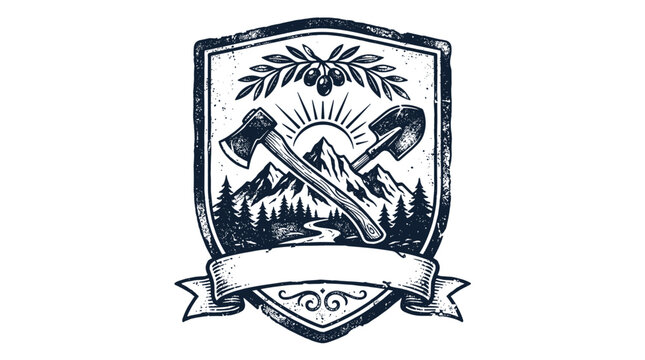 Rustic shield with crossed axe and shovel tools.