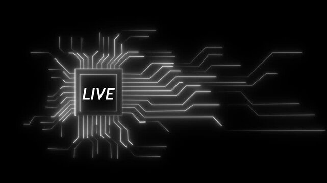 Glowing neon technology circuit board with live text icon on black background and screen with green color. Neon line Circuit Board moving electrons Data Flow Loop Background Animation.