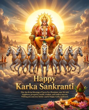 Divine sun god surya riding chariot of seven horses for karka sankranti celebration poster