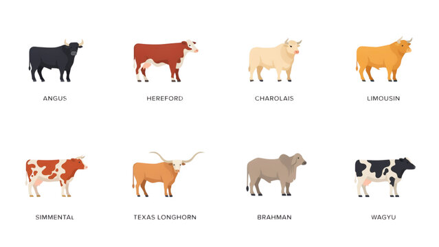 Cattle Breed Icon Collection Featuring Angus Hereford Charolais Limousin Simmental Texas Longhorn Brahman and Wagyu Cow Flat Vector Illustration