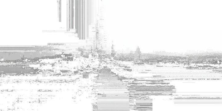 Abstract white glitch art background with high-key city river panorama, distorted digital pixel noise overlay