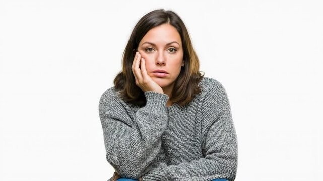 A young woman looking bored with her hand resting on her tired face