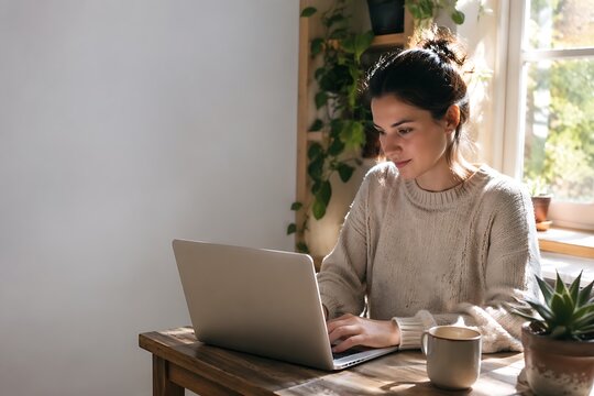 Digital Nomad Working on Laptop Near Window in Bright Home Office with Copy Space