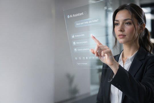 Business Professional Using Artificial Intelligence Virtual Assistant on Futuristic Transparent Screen