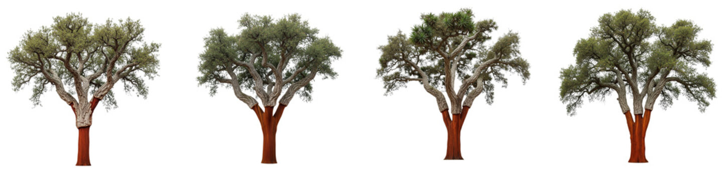 Four cork oak trees isolated on black background for design elements