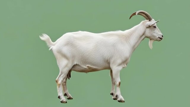 A profile view of a white goat standing against a solid green background
