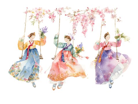 Korean Traditional Family Bowing Ceremony Watercolor Illustration, AI Generated