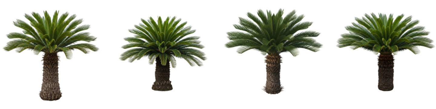 Four Cycas Revoluta palm trees isolated on a black background