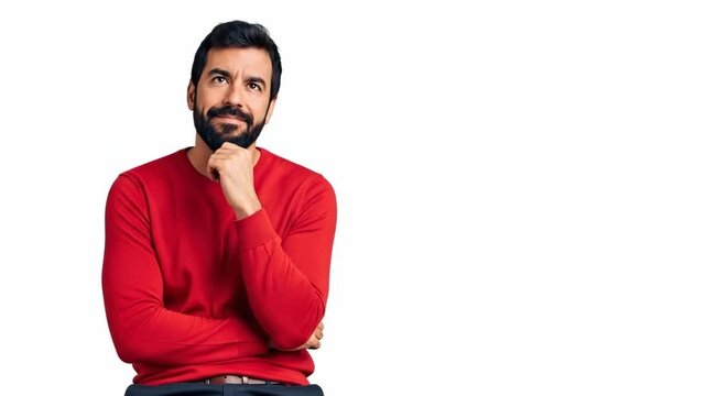 A contemplative bearded man in a red sweater looking away with deep thought