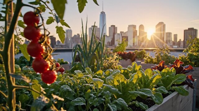 Urban rooftop garden with fresh lettuce, tomatoes, and onions in wooden raised beds during sunrise with the New York City skyline and One World Trade Center in the background.