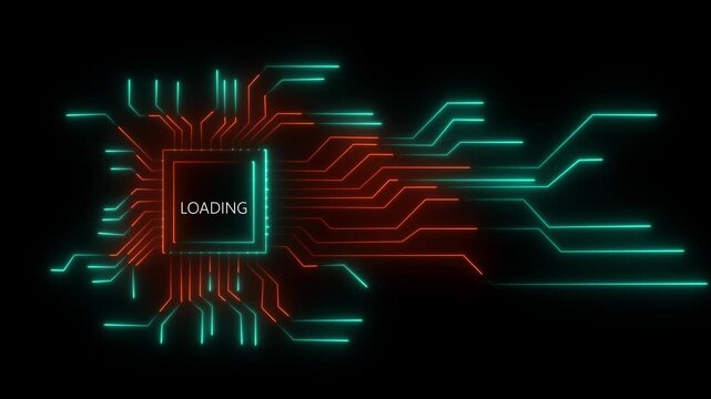 Neon loading Circuit Board Technology Background Animation. Artificial Intelligence Chip with Glowing Circuit Lines concept. 4k video motion graphic