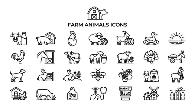 Farm animals icons collection featuring livestock, agriculture, barn, outline, and farming symbols. A comprehensive set of thin line vector graphics for agricultural design and web projects.