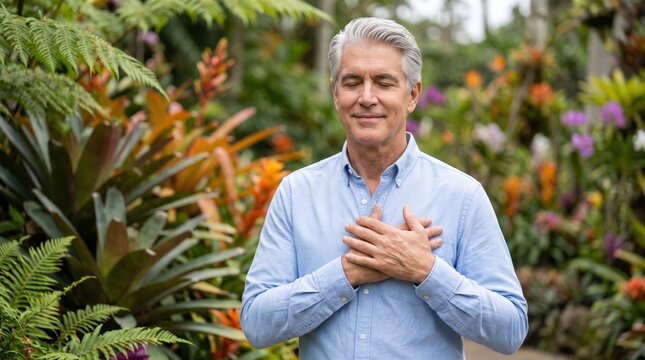 Mature Man Holding Hands Over Heart with Closed Eyes in Lush Greenhouse for Mental Health and Mindfulness Content