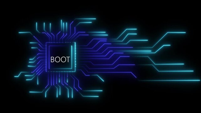 Neon boot Circuit Board Technology Background Animation. Artificial Intelligence Chip with Glowing Circuit Lines concept. 4k video motion graphic