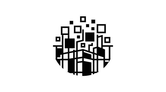Circular digital pixelated city building logo icon.