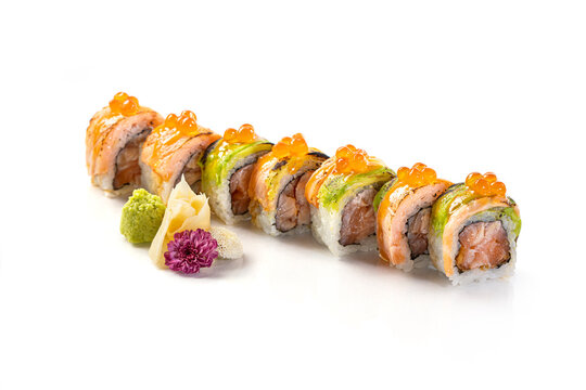 Premium Salmon Specialty Sushi Roll with Avocado and Ikura Isolated on White