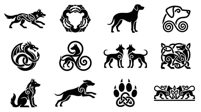 Assorted Celtic animal knotwork symbols set.