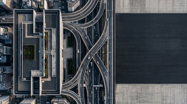 【空撮】真上から見たモダンなビルと複雑に交差する高速道路ジャンクション