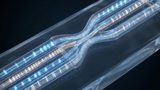 蝸牛神経における電気パルスの収束と高周波信号の伝播を描いた医療用抽象CGアニメーション