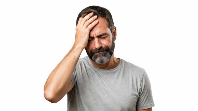 Middle aged man with a beard looking stressed and touching his forehead