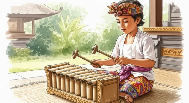 Traditional Balinese Boy Playing Bamboo Rindik Gamelan Musical Instrument Watercolor Illustration
